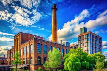 Panoramic View of a Majestic Tall Building with a Large Chimney Against a Clear Blue Sky