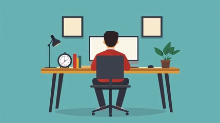 Organized Work Setup - Person Using Pomodoro Technique Timer and Notebook for Productivity and Focus in 2D Flat Design