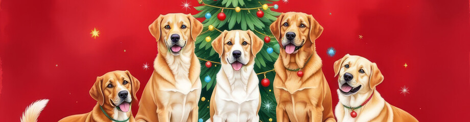 Banner with five dogs sit in front of decorated Christmas tree, red background. Cute dogs wearing festive necklace with colorful lights. Holiday scene drawn in watercolor style.