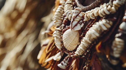 Naklejka premium Close-up of tribal adornment featuring shell necklace and natural materials, highlight fine details and cultural craftsmanship. 