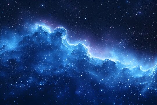 A stunning cosmic scene featuring a breathtaking array of blue nebulae amidst a backdrop of twinkling stars, creating a feeling of depth and mystery in the universe.