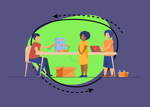 Children presenting cyborg at robotics class. Children showing robot to teacher. Vector illustration for education, robotic technology, school project concept