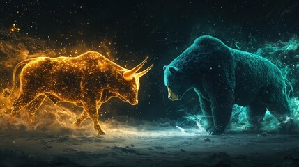 Fierce confrontation between a fiery bull and icy bear.