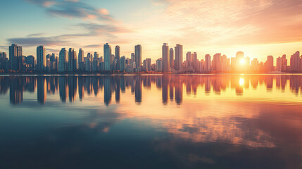 Obraz premium Golden hour city skyline reflected in calm water, high detail and soft colors.