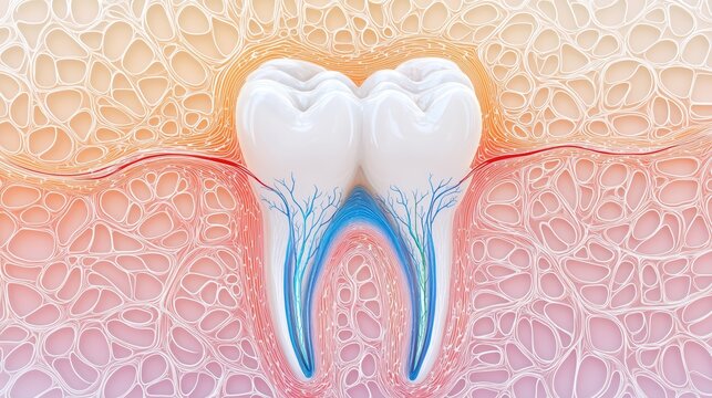 Illustrated tooth anatomy with root and crown sections, enamel layer detail, and nerve pathways, clinical accuracy with vibrant colors