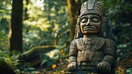 Sacred tribal totem in a forest setting, displaying spiritual carvings and ancient symbolism, rich cultural storytelling. 
