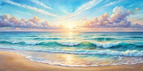 Obraz premium Serene Watercolor Seascape with Tranquil Waves, Calm Ocean Horizon, Soft Pastel Colors, Peaceful Coastal Landscape, Relaxing Sea View, Abstract Nature Art
