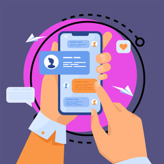 Human hand holding mobile phone with text messages. Person touching screen with chat conversation flat vector illustration. Phone communication concept for banner, website design or landing web page