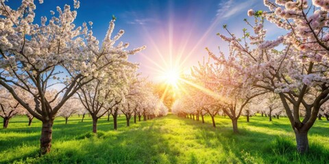Naklejka premium Spring blossom background with blooming tree, sun flare, and beautiful orchard , spring, blossom, background