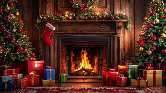 Kamin mit Weihnachtsbaum und Dekoration zu Heilig Abend (loopable)