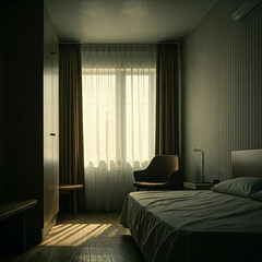 Fototapeta premium interior of luxury modern bedroom. hotel bedroom interior with bed and furniture with dim light.