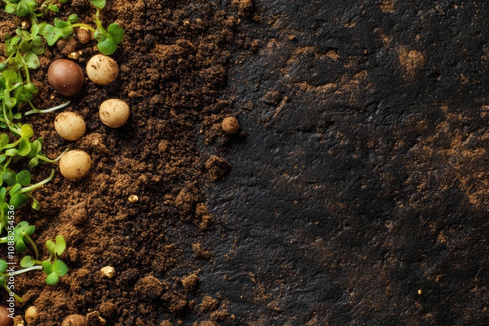 Aufkleber A vibrant array of seeds accompanied by fresh sprouts resting on rich, dark soil, showing the life and potential of new growth. Generative AI