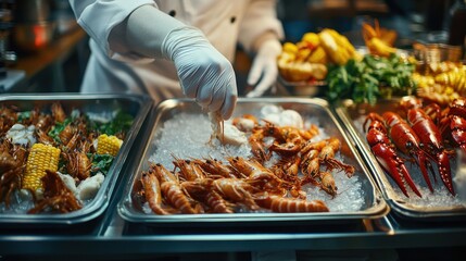 Fresh Seafood Display at a Busy Market with Cooked Shrimp, Lobster, and Various Accompaniments Prepared by a Chef in a Professional Kitchen Setting