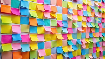 Fototapeta premium Colorful sticky notes covering a wall, colorful, sticky notes, wall, organization, memo, reminder, communication