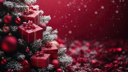 Red Christmas Tree Decorated With Gifts And Ornaments