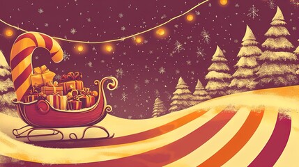Fototapeta premium Enchanting Christmas Poster: A Snow-Covered Sleigh Brimming with Gifts, Ornaments, and Gingerbread Cookies, Illuminated by Glowing Fairy Lights for Your Festive Home Decor!