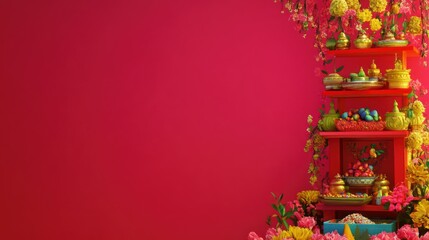 Naklejka premium Festive display with colorful flowers and decorative items.