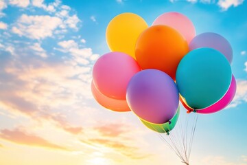 Colorful Balloons Floating Against Blue Sky at Sunset.