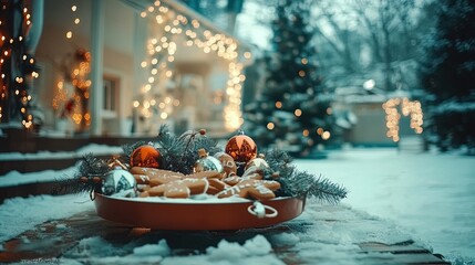 Obraz premium Enchanting Christmas Poster: A Snow-Covered Sleigh Brimming with Gifts, Ornaments, and Gingerbread Cookies, Illuminated by Glowing Fairy Lights for Your Festive Home Decor!