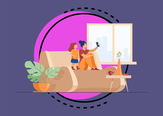 Obraz premium Mom and daughter using smartphone for video chat at home. Woman and little girl sitting on couch and taking selfie with phone. Vector illustration for family, having fun together concept