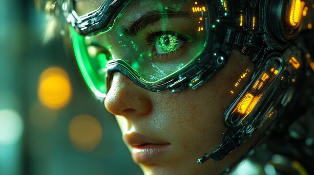 A cyborg face with green mechanical implants and a neon green visor, he has green and golden teetch and green big hair high resolution,