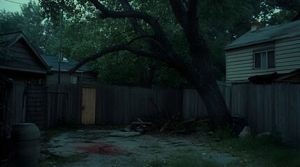 Eerie and Atmospheric View of a Dark Alleyway in a Gloomy Neighborhood, Featuring a Gnarled Tree and Spattered Ground, Evoking a Sense of Mystery and Suspense