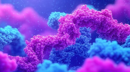 Breast cancer cell and tumor concept. A vibrant, abstract representation of colorful molecular structures, featuring intertwining pink and blue forms set against a dreamy background.