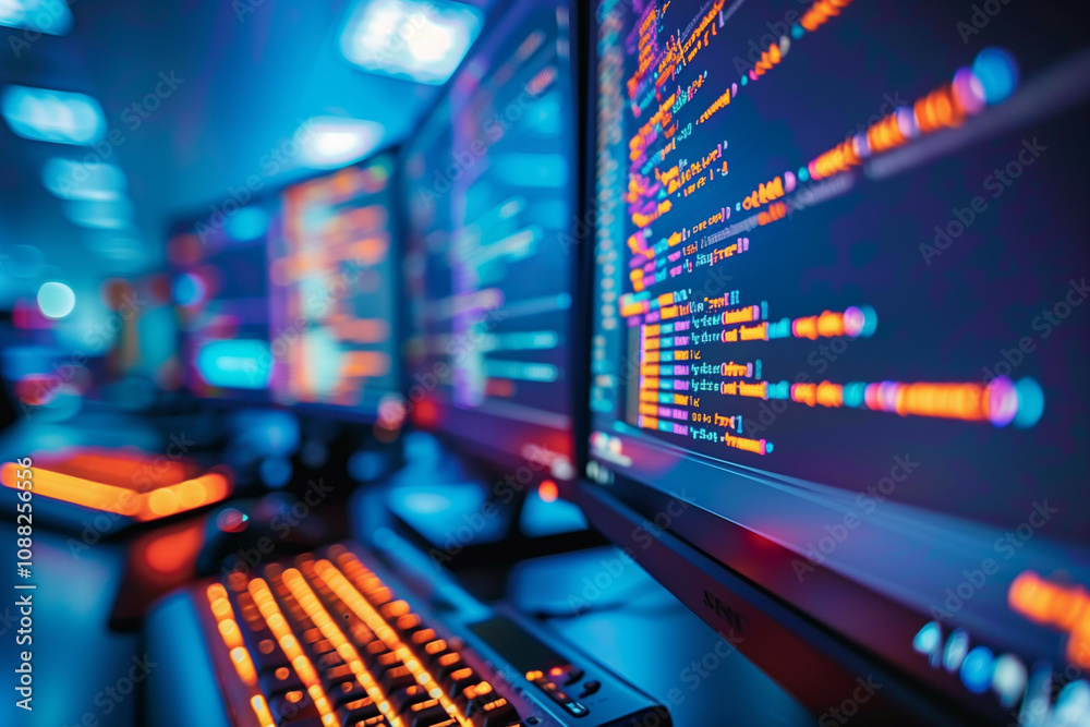 Wall mural futuristic cybersecurity hub with vibrant neon lighting showcasing real-time coding activity on mult
