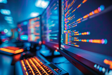 Futuristic cybersecurity hub with vibrant neon lighting showcasing real-time coding activity on multiple monitors