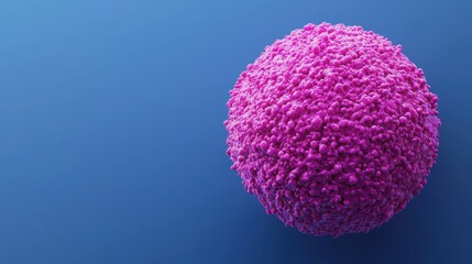 Breast cancer cell and tumor concept. A vibrant, stylized depiction of a purple spherical structure against a blue background, likely representing a cell or microorganism.