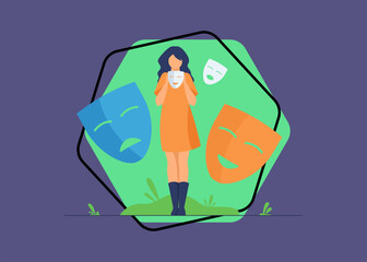 Person covering emotions, searching identity. Woman trying on carnival masks with happy or sad expressions. Vector illustration for psychology, mood changes, personality concept