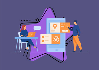 People using online appointment and booking app. Mean and woman planning meeting, setting date in mobile interface. Vector illustration for business, internet technology concept