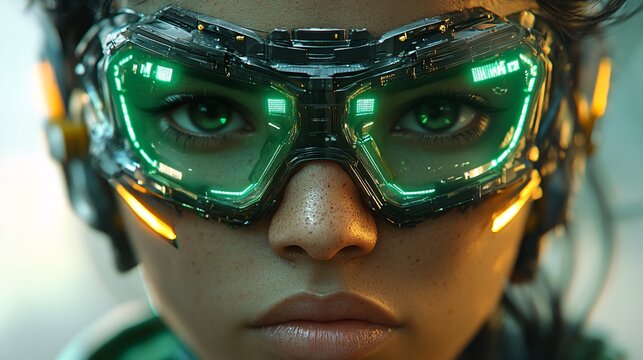 A cyborg face with green mechanical implants and a neon green visor, he has green and golden teetch and green big hair high resolution,
