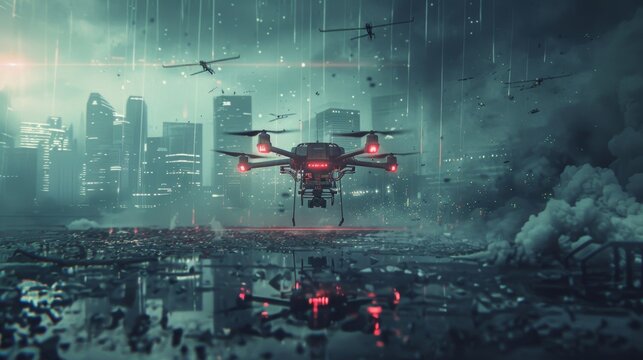 Futuristic military drone hovering over a destroyed city with other military drones flying in the background, showcasing a dystopian future warfare scenario
