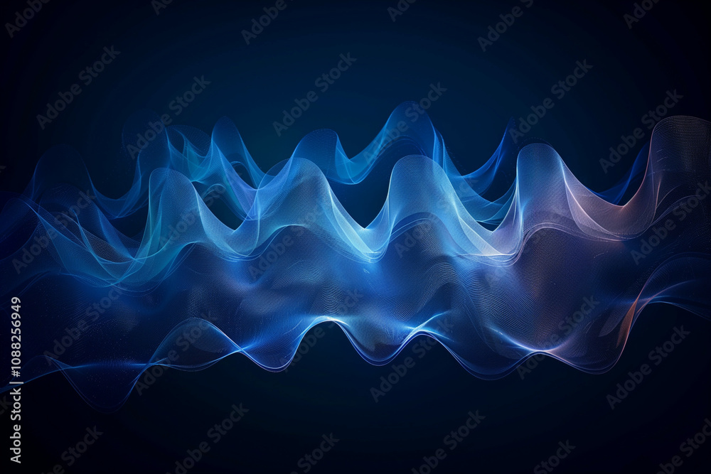 Wall mural artistic depiction of a digital sound wave pattern with dynamic blue and white curves on a dark back