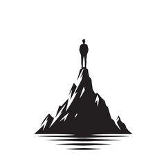 A stylized black and white vector graphic showcases a person standing atop a mountain peak