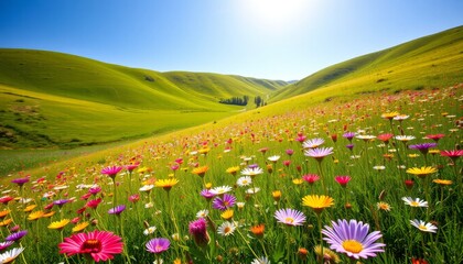 Fototapeta premium Lush Green Hills Covered with Vibrant Wildflowers Under a Bright Blue Sky Illuminated by a Warm Sunlight in an Idyllic Nature Scene