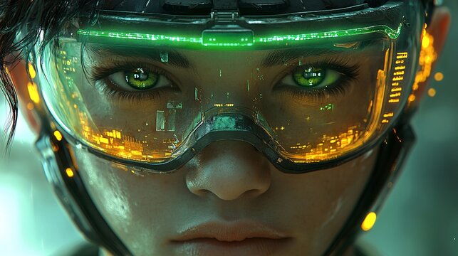 A cyborg face with green mechanical implants and a neon green visor, he has green and golden teetch and green big hair high resolution,