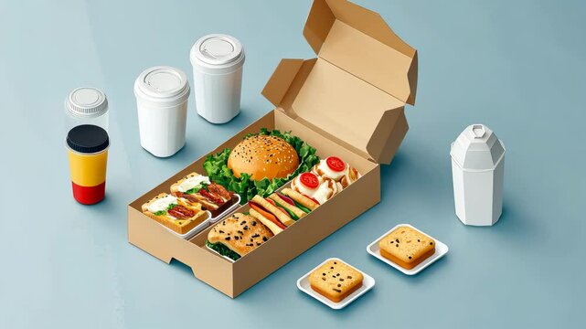 A box of food with a drink and a cup. The food is a sandwich, a salad, and a cookie