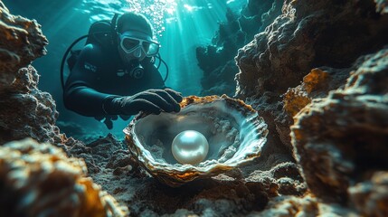 Diver discovering a pearl in an oyster