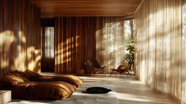 Sunlight Streaming Through Sheer Curtains in a Modern Minimalist Living Room with Wooden Walls and Plush Pillows