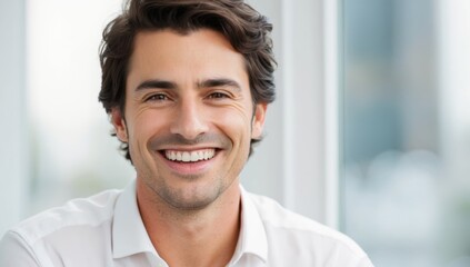 Portrait happy laughing smiling man in front empty blank wall background in stylish casual attire