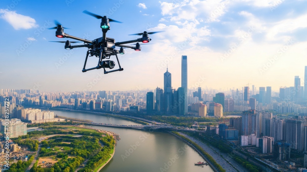 Poster A sophisticated AI-driven autonomous drone for precision urban construction site inspections, clean construction site with drones designed for detailed inspections and progress tracking