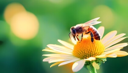 Natural macro shot. Pollinating bee on flower, focused on details, natural soft light, 3D illustration.