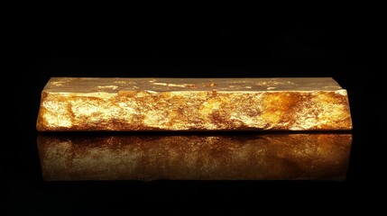 Fototapeta premium A golden bar glimmers against a black background, showcasing its reflective surface and rich texture, symbolizing wealth and luxury.