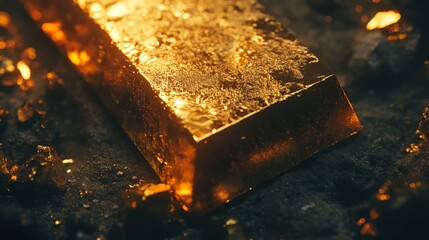 A close-up of a gleaming gold bar resting on a textured surface, surrounded by sparkling golden particles, highlighting its rich color and luxurious appeal.