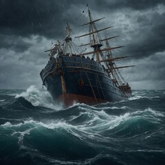 Obraz premium A ship caught in a maelstrom, with sailors desperately holding on.