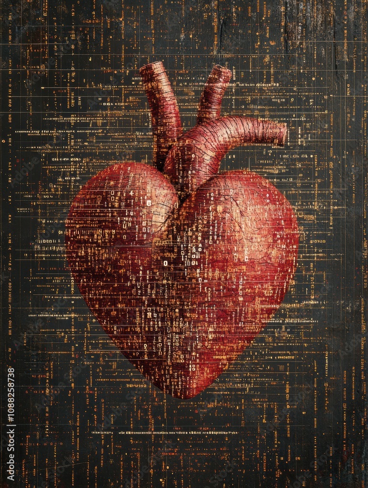 Poster A detailed depiction of a human heart surrounded by complex digital code, illustrating the intersection of biology and technology. Generative AI