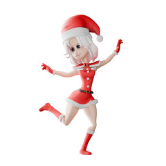 Girls Santa Cartoon Holiday Model. A girl santa walks while dancing, as if she is sliding on the snow. Festive 3D Character