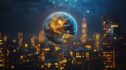 Vibrant Earth Overlooking a Night Cityscape with Glowing Lights, Showcasing Urban Life and Planetary Beauty in a Digital Art Style